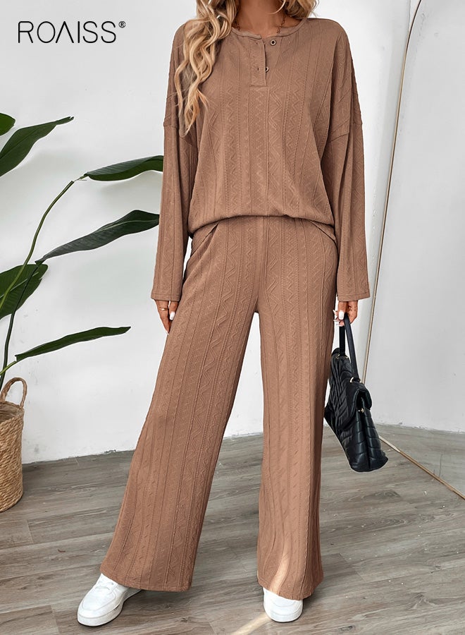 رويس طقم نسائي كاجوال، طقم من قطعتين من بنطال واسع الساق بأكمام طويلة بلون واحد، بلوفر مريح من البوليستر والسباندكس، طقم ملابس منزلية ورياضية، بني قهوة - Image 5
