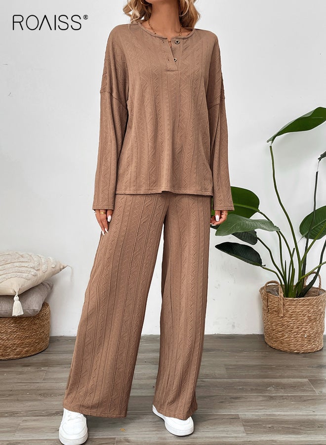 رويس طقم نسائي كاجوال، طقم من قطعتين من بنطال واسع الساق بأكمام طويلة بلون واحد، بلوفر مريح من البوليستر والسباندكس، طقم ملابس منزلية ورياضية، بني قهوة - Image 1