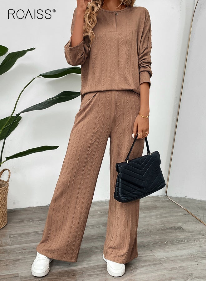رويس طقم نسائي كاجوال، طقم من قطعتين من بنطال واسع الساق بأكمام طويلة بلون واحد، بلوفر مريح من البوليستر والسباندكس، طقم ملابس منزلية ورياضية، بني قهوة - Image 4