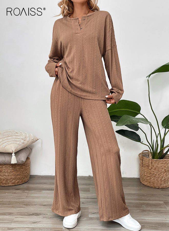 رويس طقم نسائي كاجوال، طقم من قطعتين من بنطال واسع الساق بأكمام طويلة بلون واحد، بلوفر مريح من البوليستر والسباندكس، طقم ملابس منزلية ورياضية، بني قهوة - Image 2