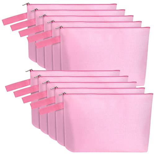 Sinzip 10 Pieces Cotton Canvas Makeup Bag with Bottom and Strap, Multi-Purpose Cosmetic Bag with Zipper Travel Toiletry Pouch, Blank DIY Craft Bag (Pink, L) - Image 1