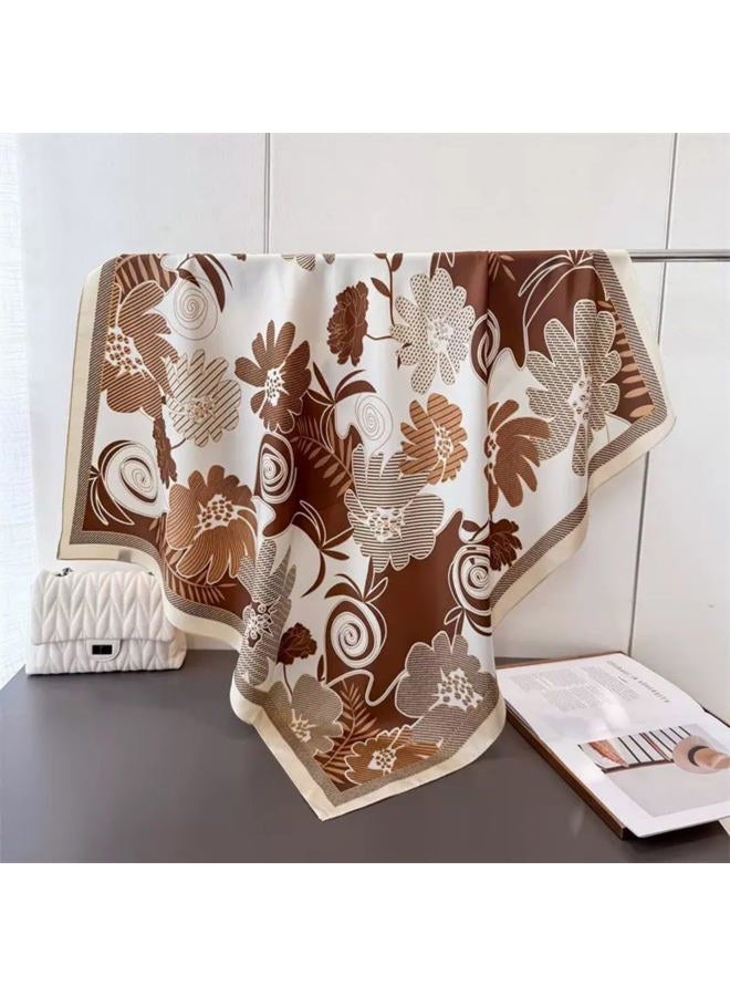 Julunar Silk Like Head Scarf for Women - Satin Large Hair Scarves - 35" Square Silk Hair Wrap for Sleeping with Gift Packed, B018-4 Brown Flowers & Leaves, L - Image 4