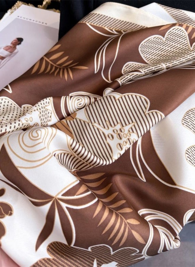 Julunar Silk Like Head Scarf for Women - Satin Large Hair Scarves - 35" Square Silk Hair Wrap for Sleeping with Gift Packed, B018-4 Brown Flowers & Leaves, L - Image 3