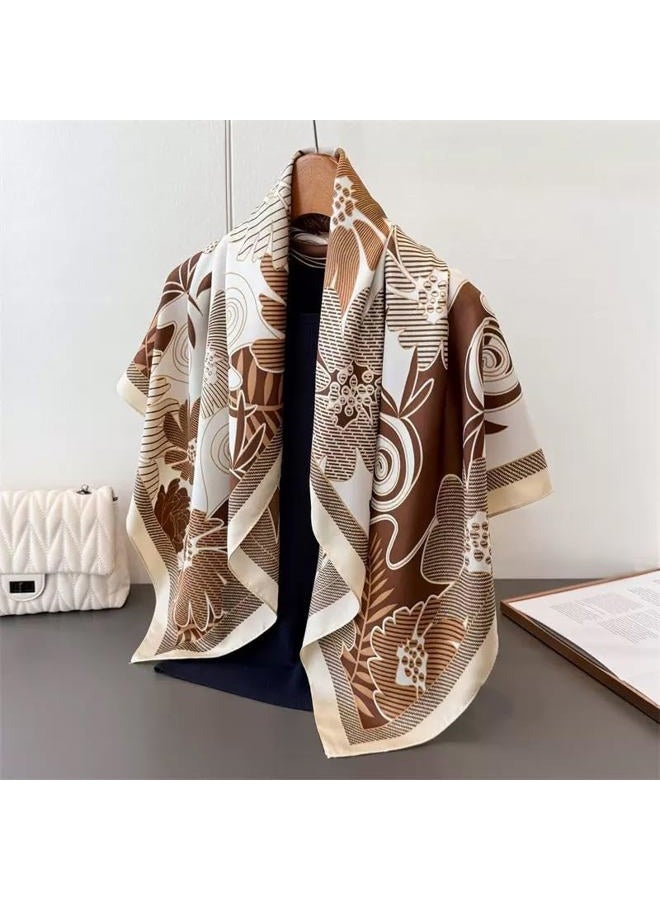 Julunar Silk Like Head Scarf for Women - Satin Large Hair Scarves - 35" Square Silk Hair Wrap for Sleeping with Gift Packed, B018-4 Brown Flowers & Leaves, L - Image 2