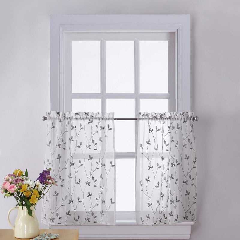 CHF Botanical Embroidery Window Kitchen Curtain Tier Pair Rod Pocket 28W x 36L inch Grey