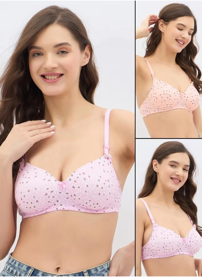 Clovia Clovia Pack of 2 - Floral Print Padded Non-Wired Full Coverage Multiway T-Shirt Bra