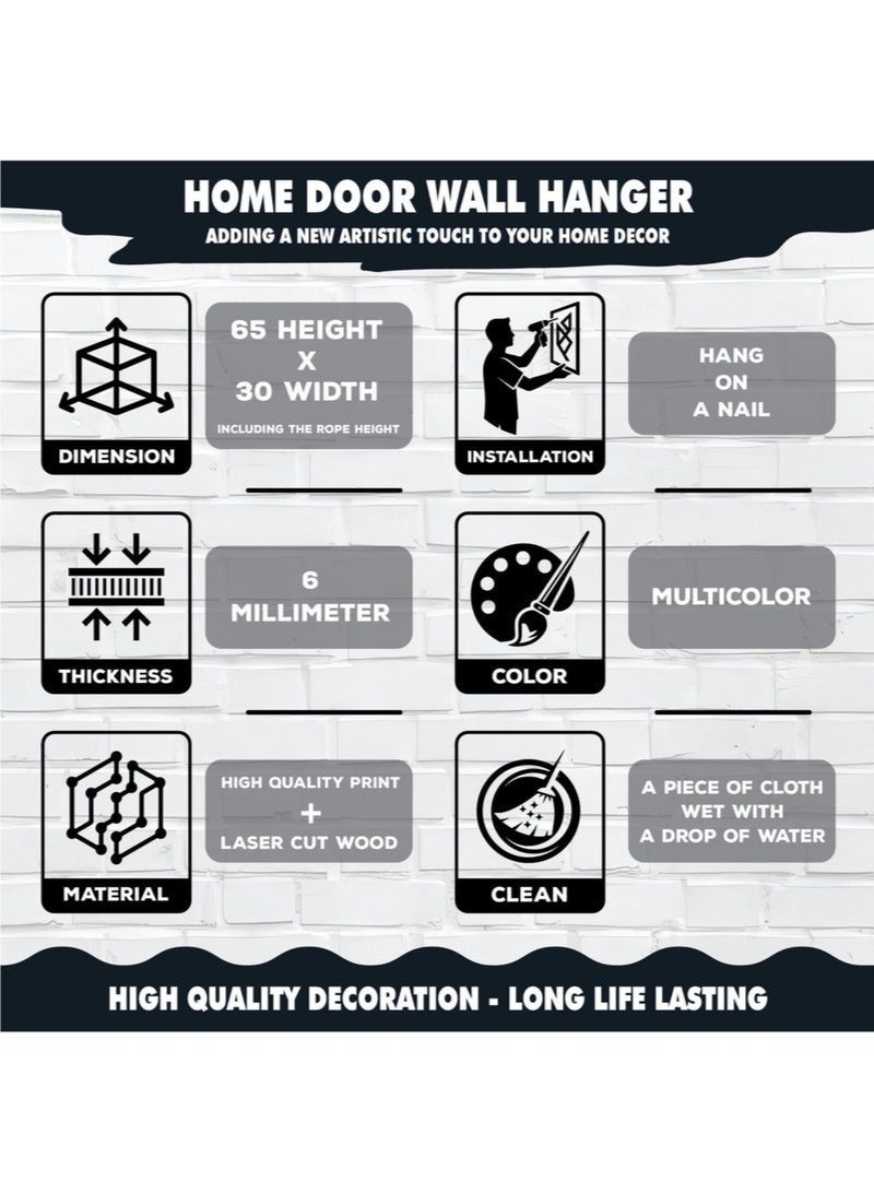 Elegant wooden wall plaque hung by rope, a first-of-its-kind design in calming pastel colors, 6mm laser-cut wood, measuring 65x30cm, suitable for modern home decor. - Image 3