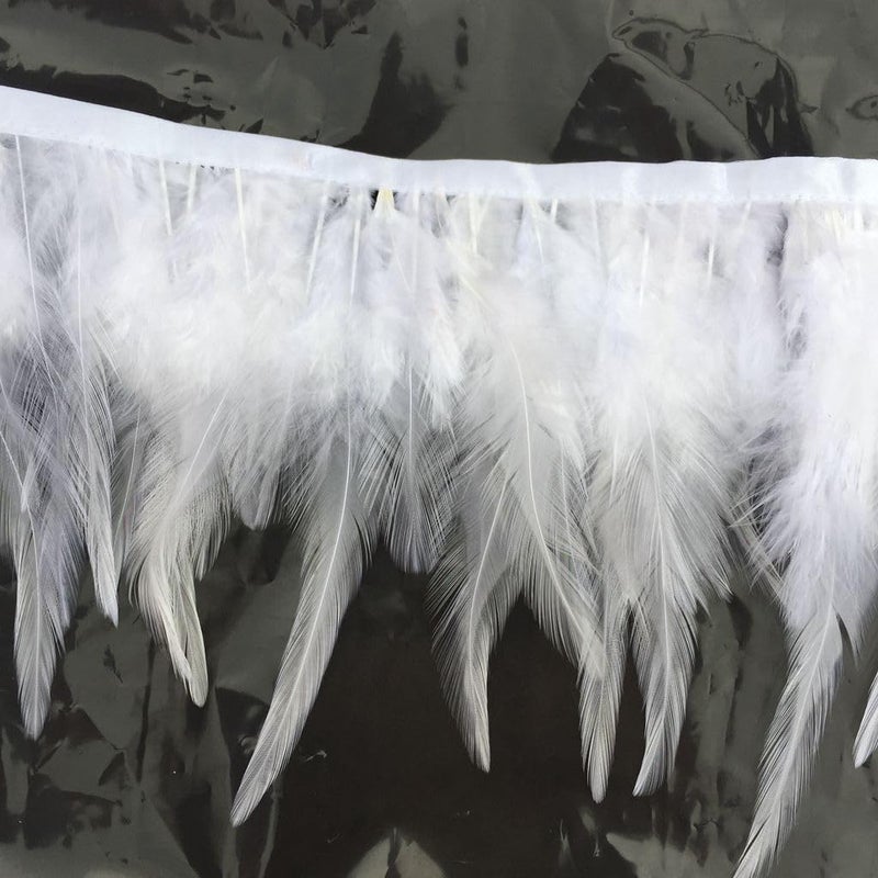 Shekyeon 2yards Rooster Hackle Feather Trim Fringe for DIY Clothing Craft Dress Decoration(White) - Image 1