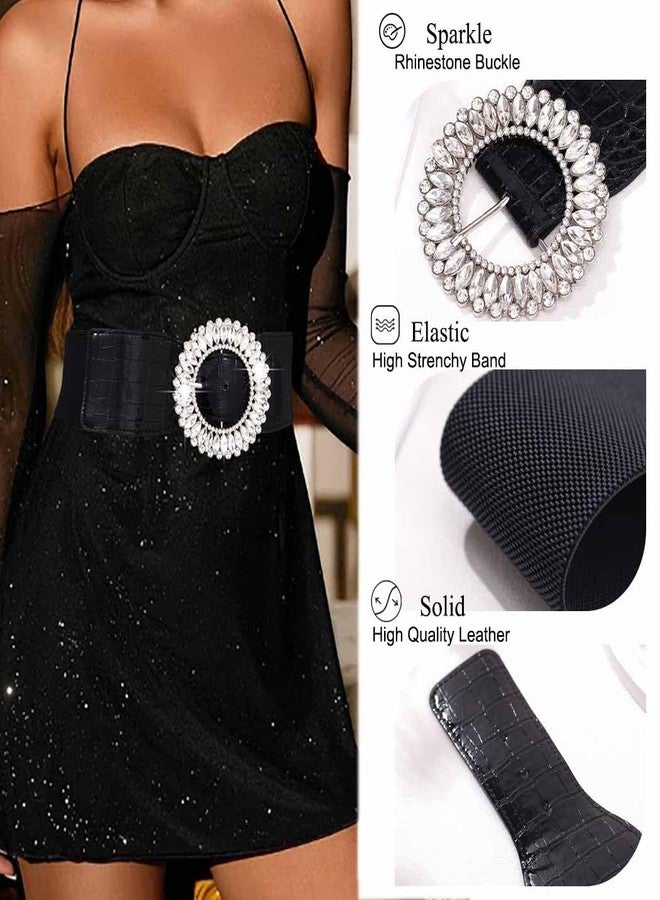 Obmyec Rhinestone Thick Belts for Women Wide Elastic Thick Belt for Dresses Black Stretchy Waist Belt with Sparkle Crystal Buckle(Fit Waist Size: 26''-33'') - Image 3
