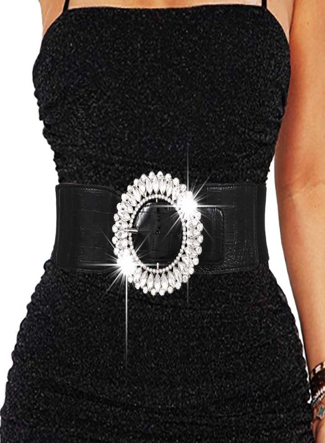 Obmyec Rhinestone Thick Belts for Women Wide Elastic Thick Belt for Dresses Black Stretchy Waist Belt with Sparkle Crystal Buckle(Fit Waist Size: 26''-33'') - Image 1