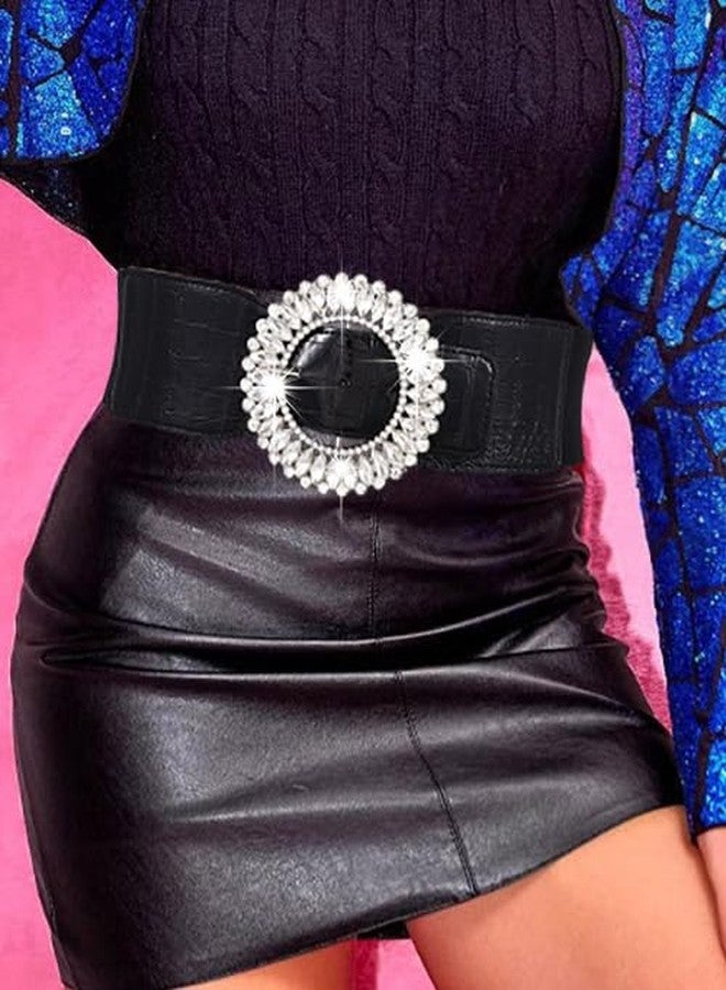 Obmyec Rhinestone Thick Belts for Women Wide Elastic Thick Belt for Dresses Black Stretchy Waist Belt with Sparkle Crystal Buckle(Fit Waist Size: 26''-33'') - Image 4