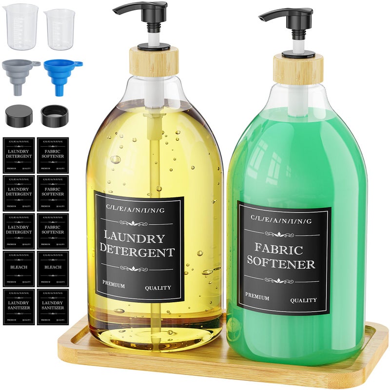 Moforoco Liquid Laundry Detergent Dispenser with Bamboo Tray, 2 Pack 64 Oz Plastic Laundry Soap Dispenser, Fabric Softener Dispenser with Pump and Labels for Laundry Room Decor and Organization - Image 1