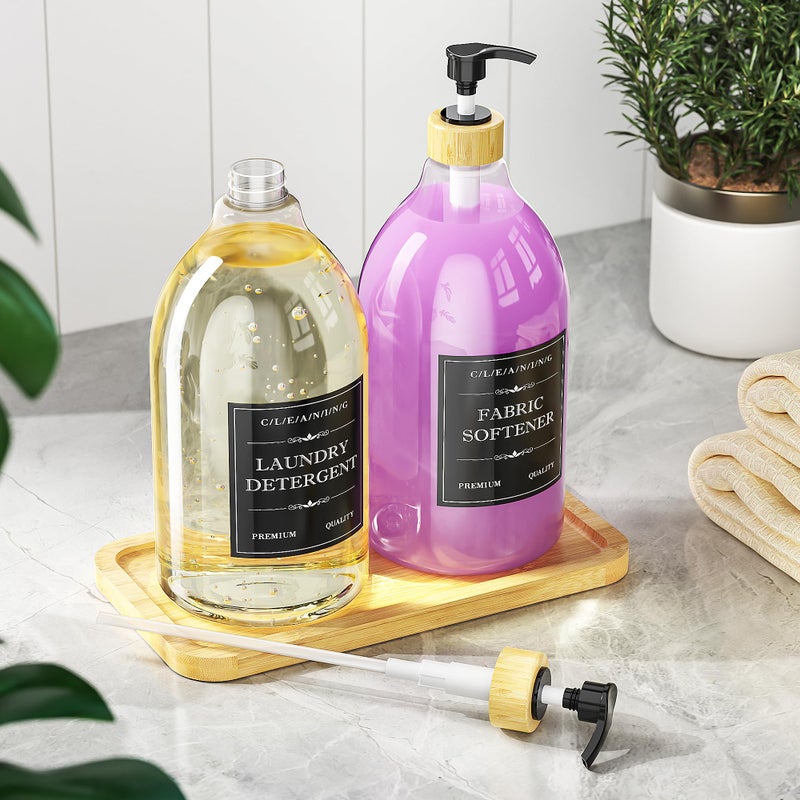Moforoco Liquid Laundry Detergent Dispenser with Bamboo Tray, 2 Pack 64 Oz Plastic Laundry Soap Dispenser, Fabric Softener Dispenser with Pump and Labels for Laundry Room Decor and Organization - Image 2
