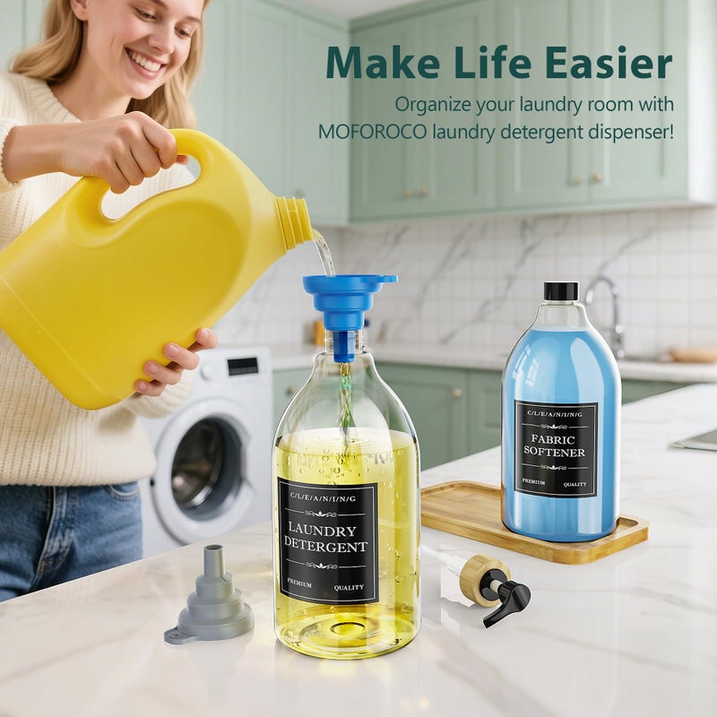 Moforoco Liquid Laundry Detergent Dispenser with Bamboo Tray, 2 Pack 64 Oz Plastic Laundry Soap Dispenser, Fabric Softener Dispenser with Pump and Labels for Laundry Room Decor and Organization - Image 5