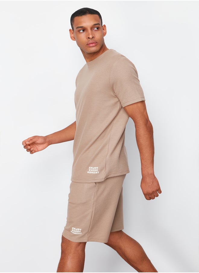 trendyol Mink Regular Fit Pajama Set with Waffle Shorts TMNSS23PT00032  - Image 2