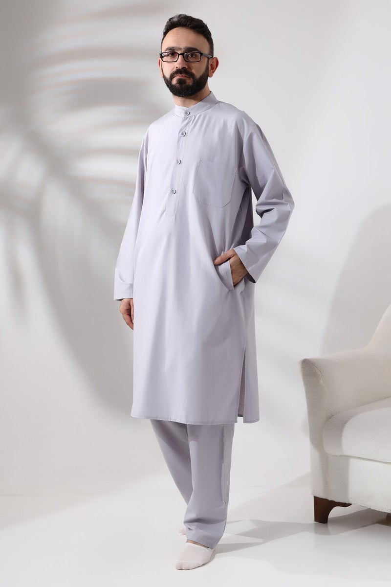 İhvan Online Ihvan Online Men's Hajj and Umrah Clothing Double Bottom Top Afghan Suit Gray  - Image 1