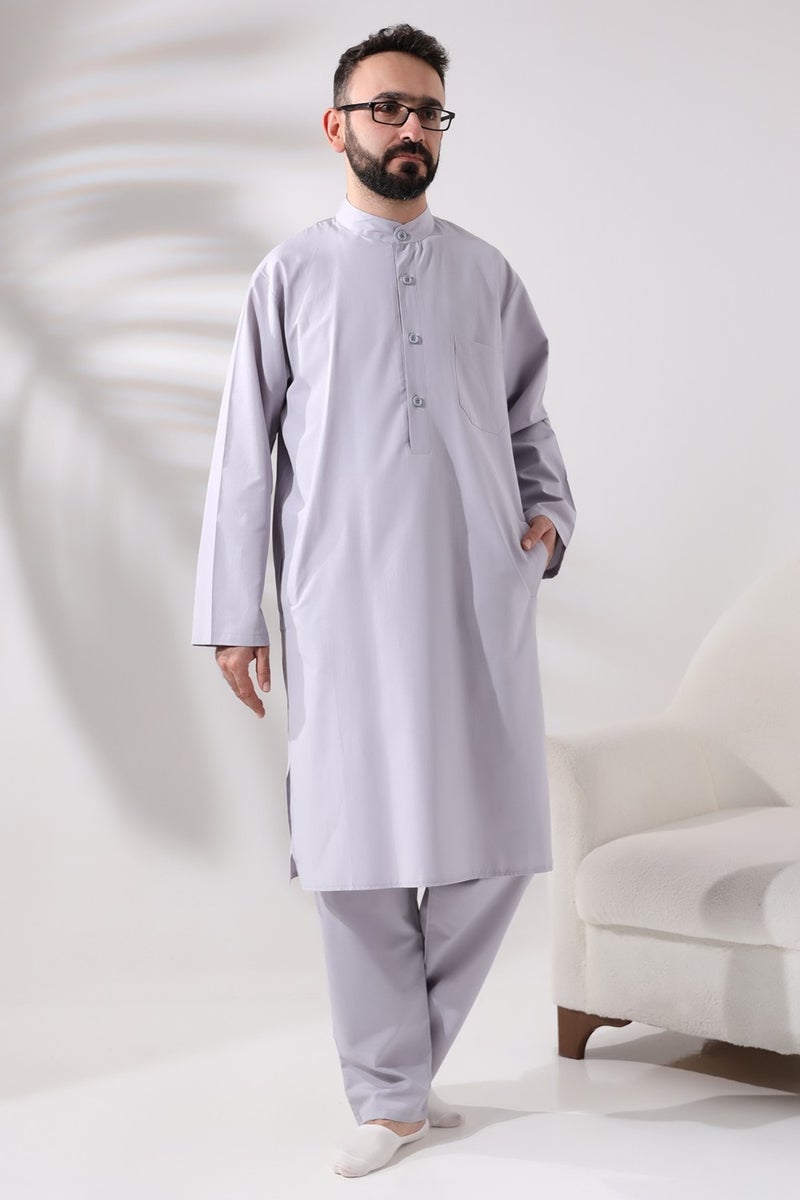 İhvan Online Ihvan Online Men's Hajj and Umrah Clothing Double Bottom Top Afghan Suit Gray  - Image 2