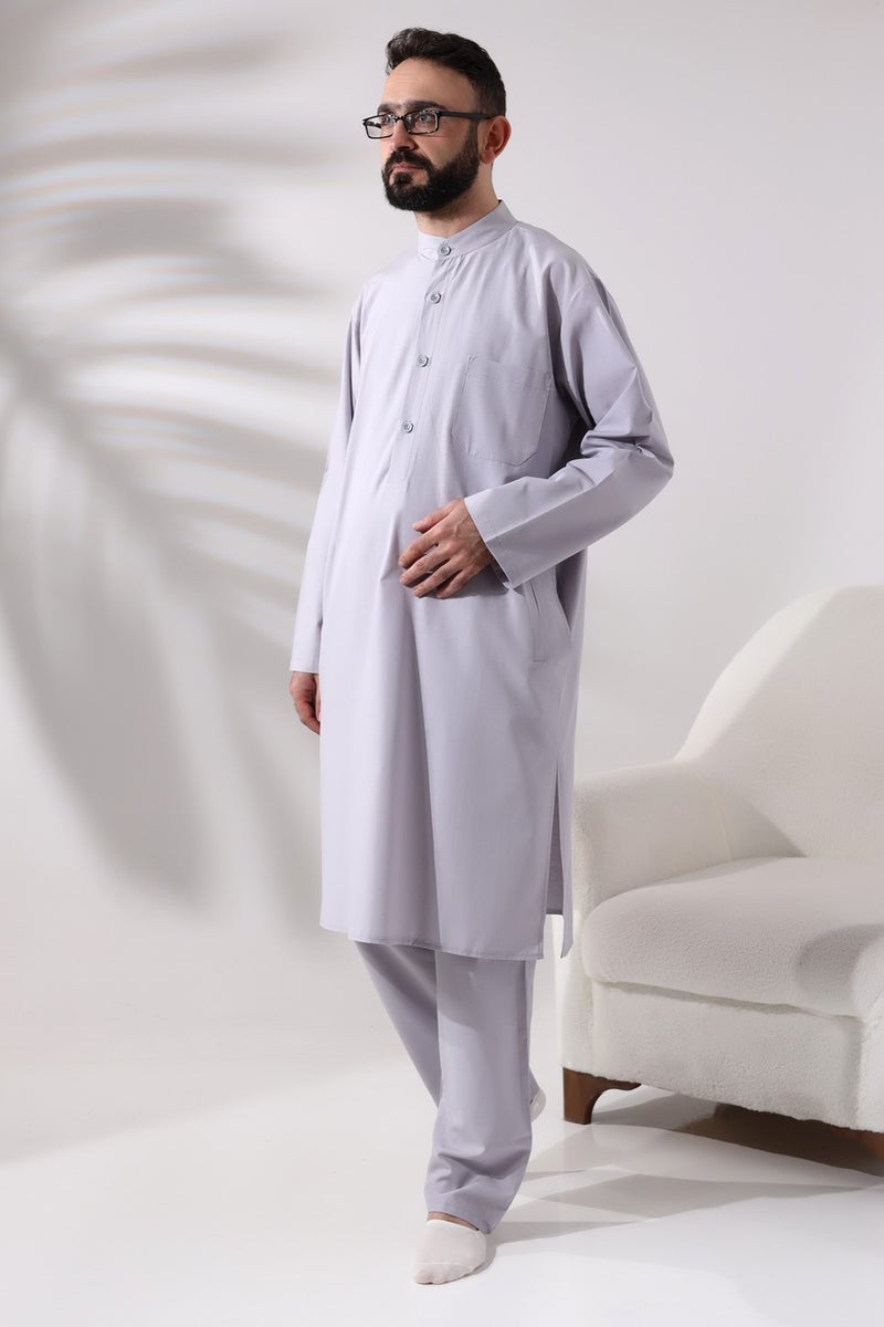 İhvan Online Ihvan Online Men's Hajj and Umrah Clothing Double Bottom Top Afghan Suit Gray  - Image 3