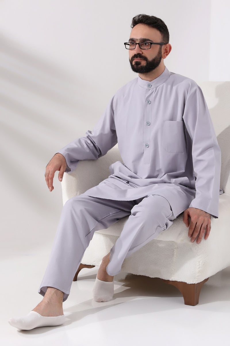 İhvan Online Ihvan Online Men's Hajj and Umrah Clothing Double Bottom Top Afghan Suit Gray  - Image 5