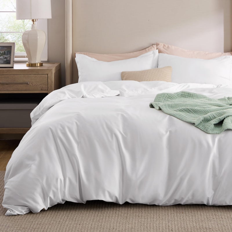Bedsure Duvet Cover Queen Size - Moisture-Wicking, Silky Eucalyptus Lyocell Cotton Hybrid Comforter Cover Set for Hot Sleeper - GentleSoftâ„¢ and Breathable, Cooling Bedding Set, Bright White - Image 1