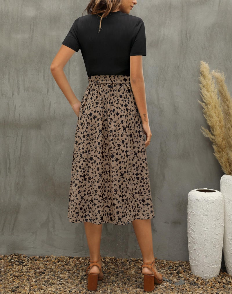 Zattcas Womens 2026 Summer Dresses Short Sleeve Ribbed Teacher Church Modest Business Casual Work Outfits Midi Dress with Pockets Blacktaupe M - Image 3