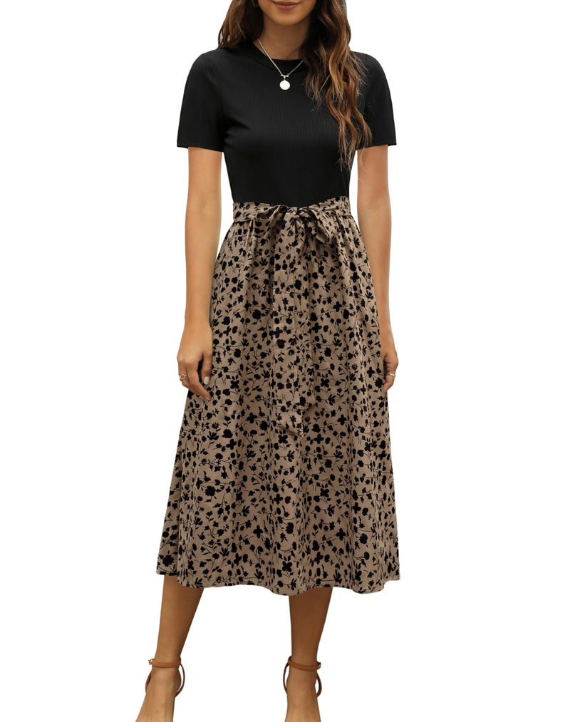 Zattcas Womens 2026 Summer Dresses Short Sleeve Ribbed Teacher Church Modest Business Casual Work Outfits Midi Dress with Pockets Blacktaupe M - Image 1