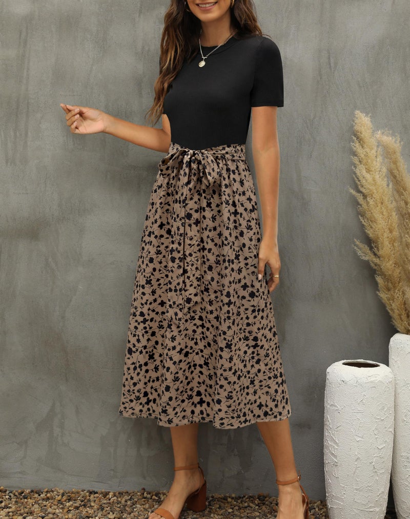 Zattcas Womens 2026 Summer Dresses Short Sleeve Ribbed Teacher Church Modest Business Casual Work Outfits Midi Dress with Pockets Blacktaupe M - Image 4
