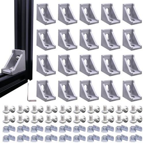 QIJINTRID 20 Sets 2020 Series Aluminum Extrusion Profile Connector,20pcs Extruded 2020 Corner Bracket,with 40pcs Sliding T Nuts and Screws, for T Slot Aluminum Extrusion Profile Accessories - Image 1