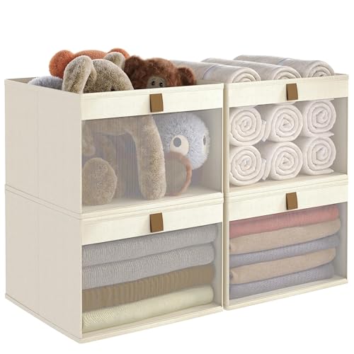 COYACOOL Linen Closet Organizers and Storage Closet Storage Bins Basket Organizer Foldable Organization Baskets with Mesh Window for Clothes Towels and Toys 145 x 145 x 1025 Beige 4 pack - Image 1