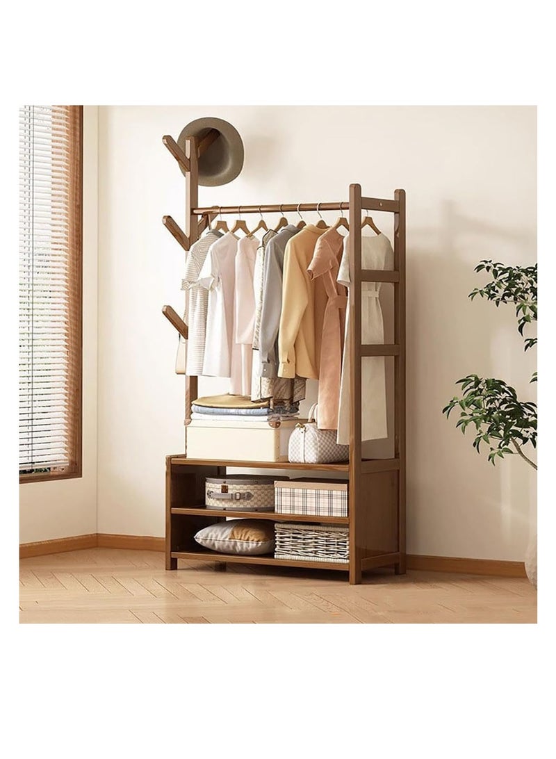 Clothing Rack Bamboo Garment Rack Coat Rack Multifunctional Bedroom Hanging Rack Clothes Organizer Hat Tree Wardrobe Storage Shelves with 6 Hooks (70cm)  - Image 3