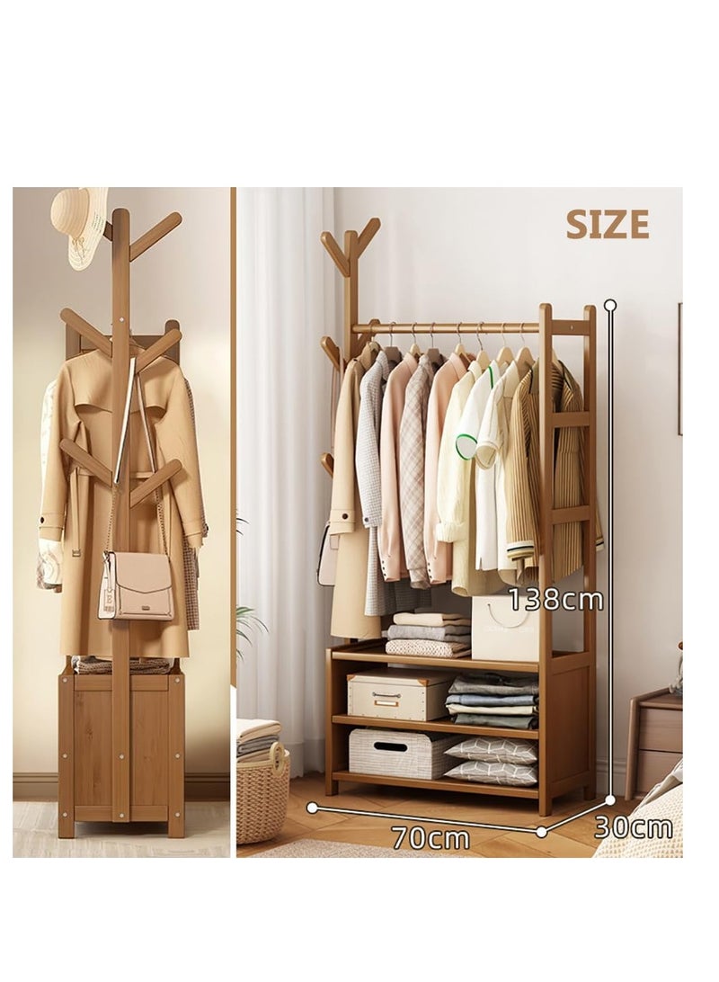 Clothing Rack Bamboo Garment Rack Coat Rack Multifunctional Bedroom Hanging Rack Clothes Organizer Hat Tree Wardrobe Storage Shelves with 6 Hooks (70cm)  - Image 2