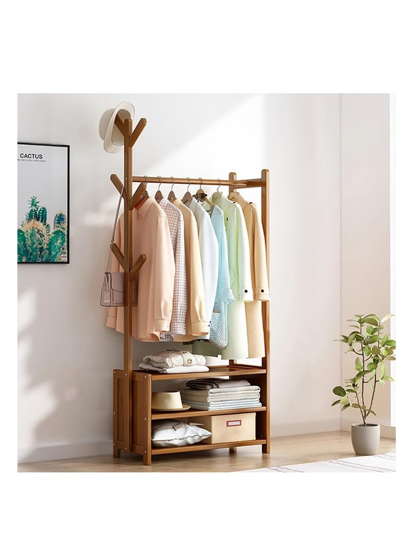 Clothing Rack Bamboo Garment Rack Coat Rack Multifunctional Bedroom Hanging Rack Clothes Organizer Hat Tree Wardrobe Storage Shelves with 6 Hooks (70cm)  - Image 1