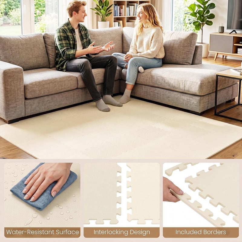 Giantex 18 PCS Interlocking Exercise Mat, 18 Sq.Ft EVA Foam Floor Tiles with Borders, 0.4" Thick Non-Slip Puzzle Workout Mats, Protective Gym Flooring for Home Gym, Garage, Basement, Beige - Image 5