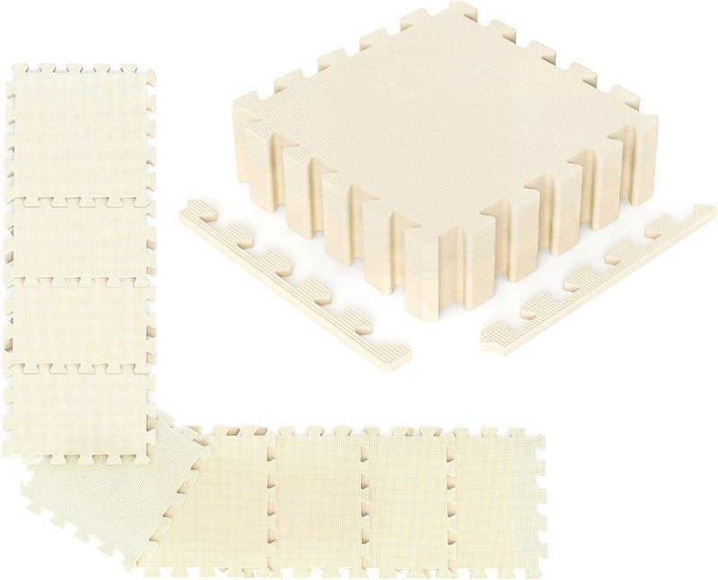Giantex 18 PCS Interlocking Exercise Mat, 18 Sq.Ft EVA Foam Floor Tiles with Borders, 0.4" Thick Non-Slip Puzzle Workout Mats, Protective Gym Flooring for Home Gym, Garage, Basement, Beige - Image 1