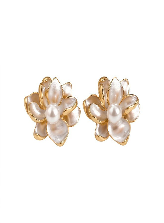 Nextcart Gold Plated Pearl Flower Stud Earrings for Women & Girls Stylish - Alloy, Hypoallergenic, Lightweight Floral Design - Trendy Korean & Western Modern Statement Fashion Jewelry Gift Set Pair - Image 1