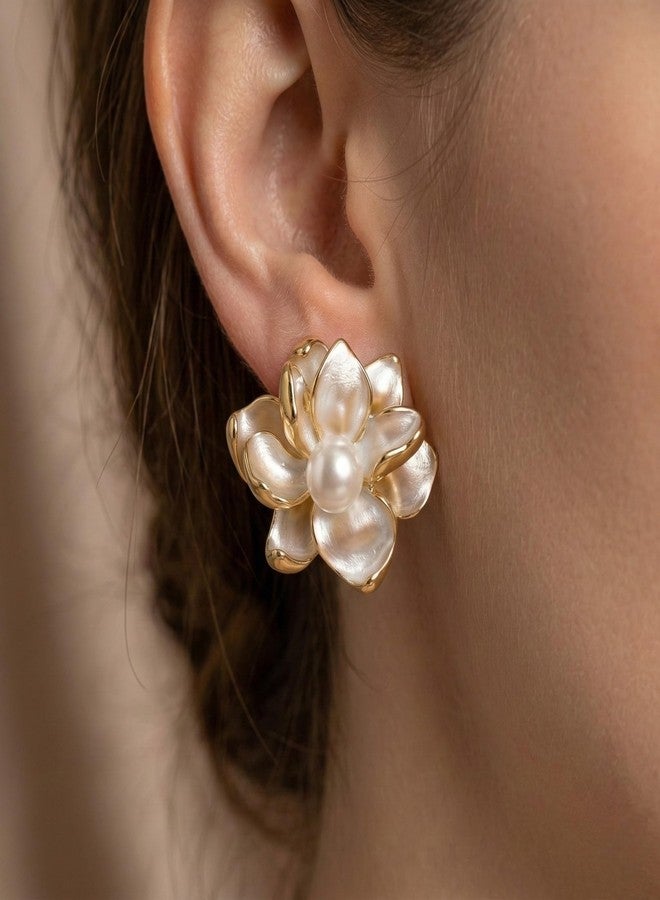 Nextcart Gold Plated Pearl Flower Stud Earrings for Women & Girls Stylish - Alloy, Hypoallergenic, Lightweight Floral Design - Trendy Korean & Western Modern Statement Fashion Jewelry Gift Set Pair - Image 3