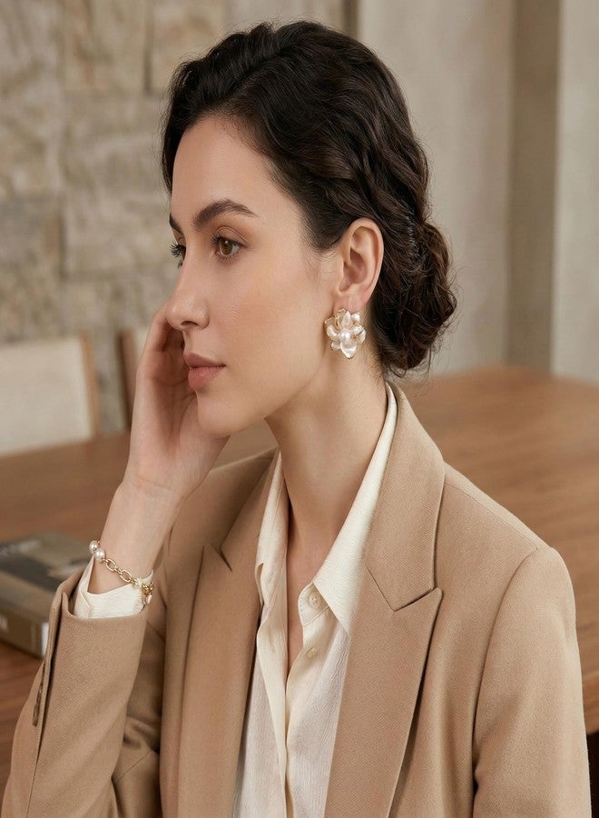 Nextcart Gold Plated Pearl Flower Stud Earrings for Women & Girls Stylish - Alloy, Hypoallergenic, Lightweight Floral Design - Trendy Korean & Western Modern Statement Fashion Jewelry Gift Set Pair - Image 2