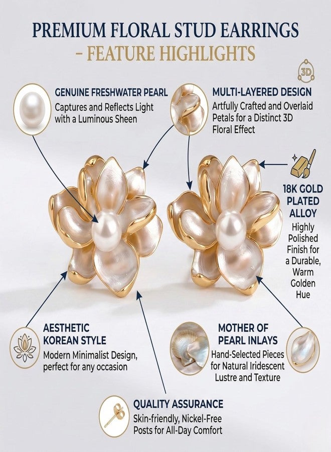 Nextcart Gold Plated Pearl Flower Stud Earrings for Women & Girls Stylish - Alloy, Hypoallergenic, Lightweight Floral Design - Trendy Korean & Western Modern Statement Fashion Jewelry Gift Set Pair - Image 4