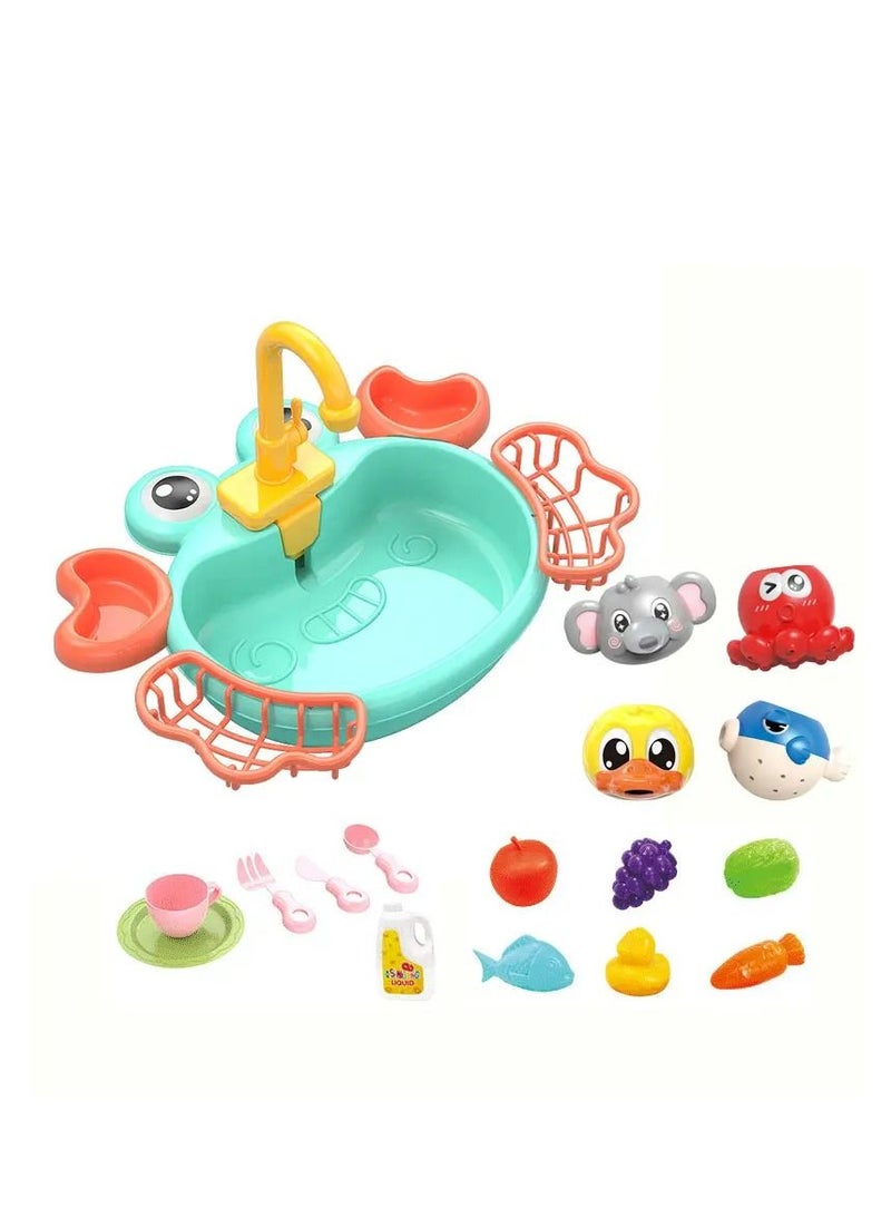 GULFLINK مجموعة ألعاب مطبخ كراب سينك للأطفال ألعاب تعليمية للأطفال ألعاب تظاهرية لغسالة الأطباق باللون الأخضر - Image 1