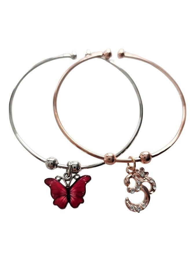 LA BELLEZA Adjustable Golden Rhodium Bracelet Bangle With Hanging Butterfly & Om For Girls - Image 1
