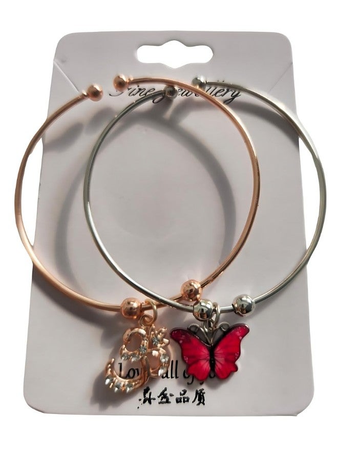 LA BELLEZA Adjustable Golden Rhodium Bracelet Bangle With Hanging Butterfly & Om For Girls - Image 3