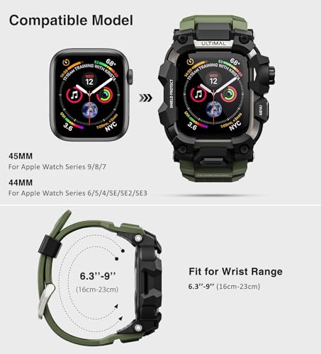 ULTIMAL Rugged Case with Band for Apple Watch 44mm,Compatible with Apple Watch Series SE 3/SE 2/SE Generation/6/5/4, Military Grade Shockproof Bumper Cover for iWatch Tactical Band Men (44mm,Army Green) - Image 2