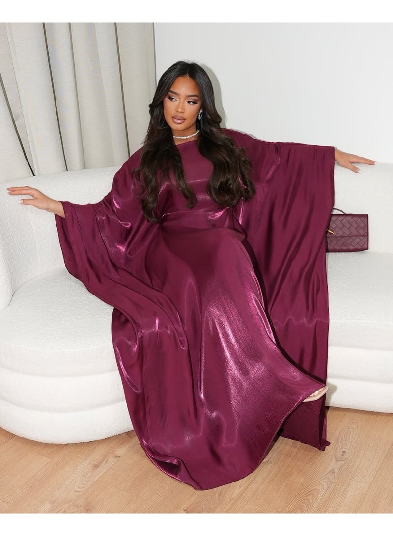 Women Burgundy Turkish Abaya Kaftan Dress Satin Look Loose Kimono Sleeve Modest Maxi Dress - Image 4