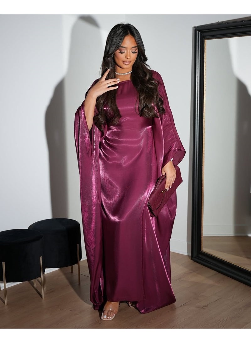 Women Burgundy Turkish Abaya Kaftan Dress Satin Look Loose Kimono Sleeve Modest Maxi Dress - Image 3