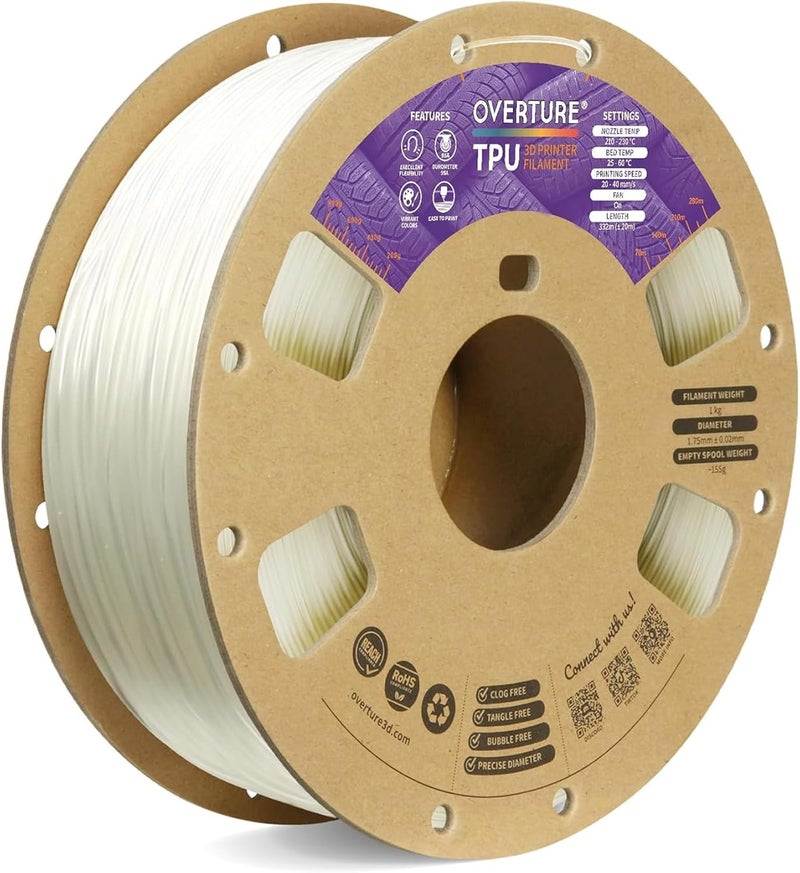 OVERTURE TPU Filament 1.75mm Flexible Roll, 95A Soft 3D Printer Filament, 1kg Spool (2.2 lbs), Fit Most FDM Printer (TPU Transparent) - Image 1