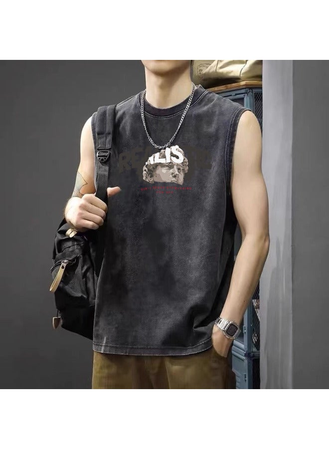 American Retro Heavyweight Oversized Sleeveless Vest Pure Cotton Printed Vest Men's Summer Streetwear Loose Sleeveless T-shirt