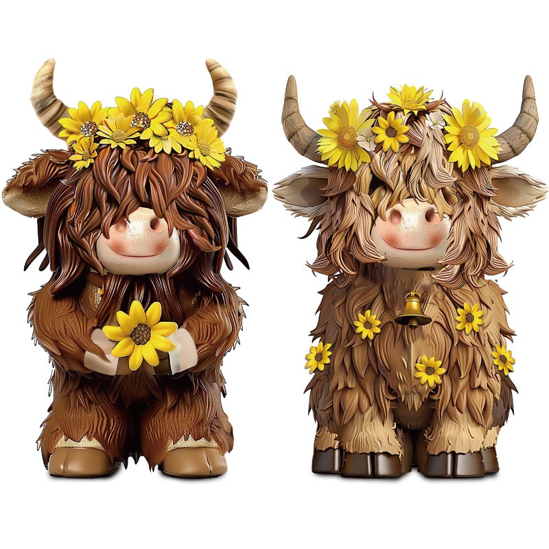 Burbell 2 Pcs Highland Cow Figurines Decor Cow Gnomes with Sunflower Resin Statue Calf Lovers Gifts for Farmhouse Home Garden Bathroom Kitchen Office Tiered Tray Table Decor - Image 1