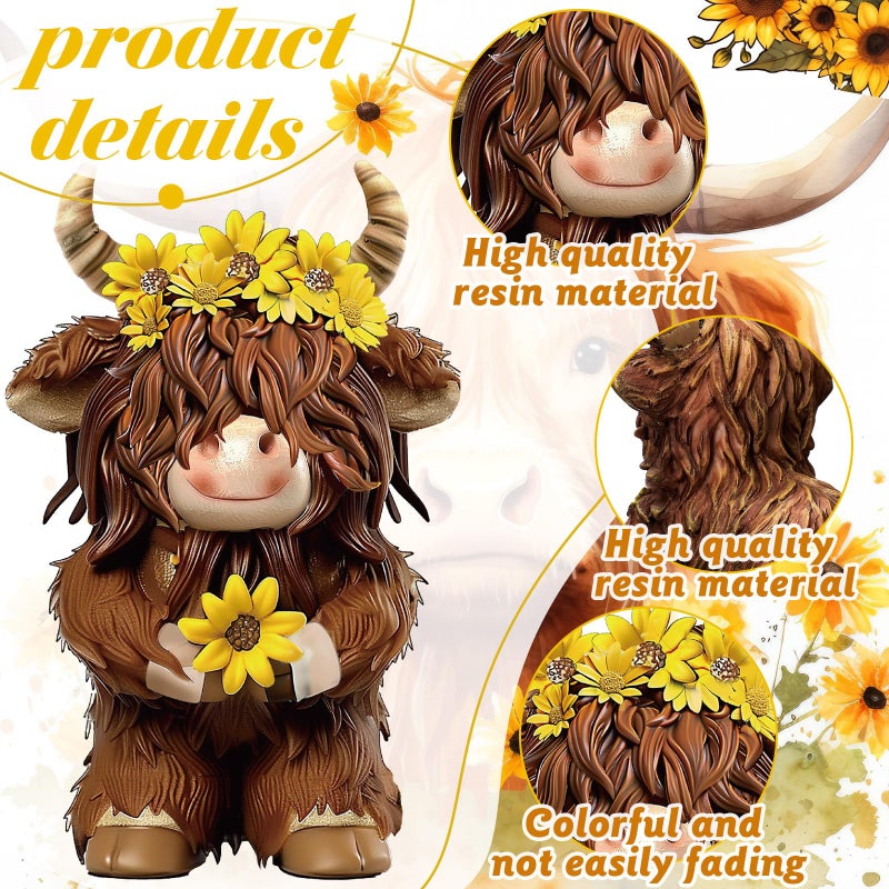 Burbell 2 Pcs Highland Cow Figurines Decor Cow Gnomes with Sunflower Resin Statue Calf Lovers Gifts for Farmhouse Home Garden Bathroom Kitchen Office Tiered Tray Table Decor - Image 4