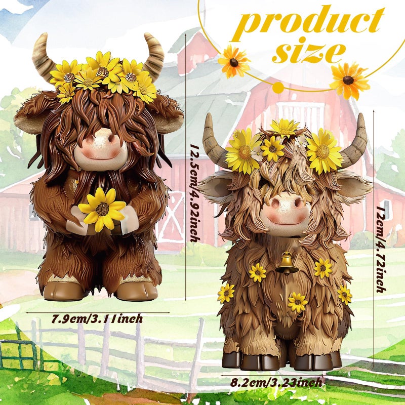 Burbell 2 Pcs Highland Cow Figurines Decor Cow Gnomes with Sunflower Resin Statue Calf Lovers Gifts for Farmhouse Home Garden Bathroom Kitchen Office Tiered Tray Table Decor - Image 3