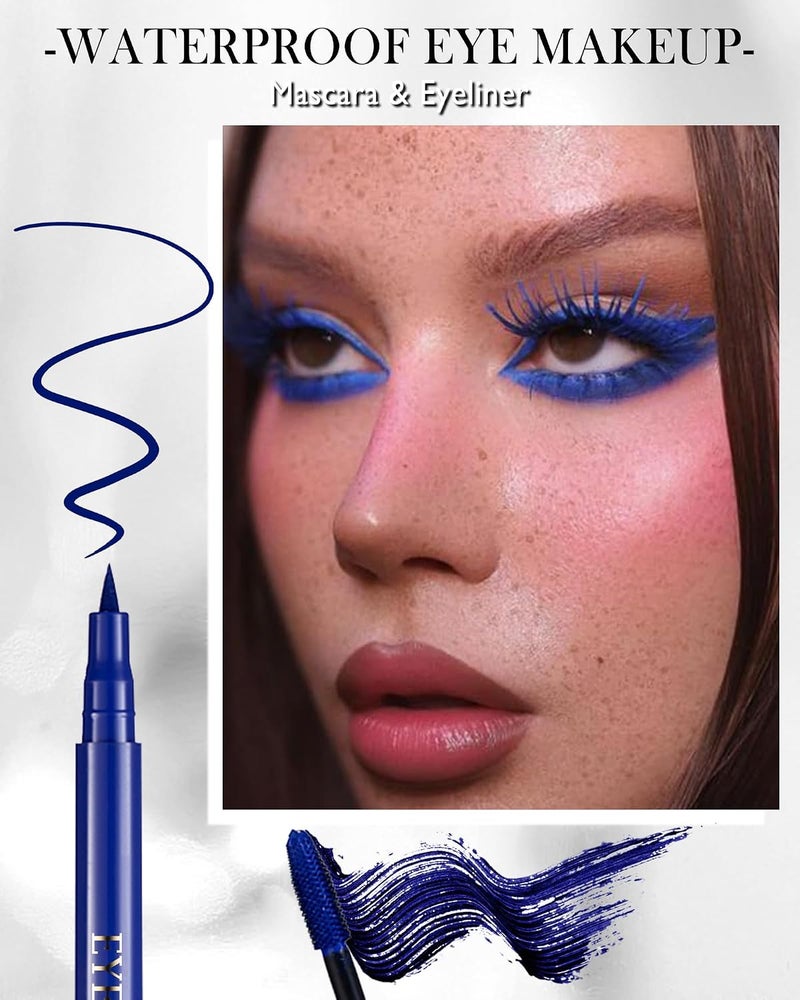Lestpola Blue Waterproof Mascara & Eyeliner Set, 5D Silk Fiber Liquid Lash Extensions Colored Tubing Mascara Volume and Length, Long Lasting, Smudge-Proof, Curling Non-Clumping Mascara & Eyeliner Pen for Women - Image 2